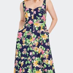 NWT Old Navy Blue Floral Linen Blend Midi Dress Sz M Fit & Flare Tank Smocked